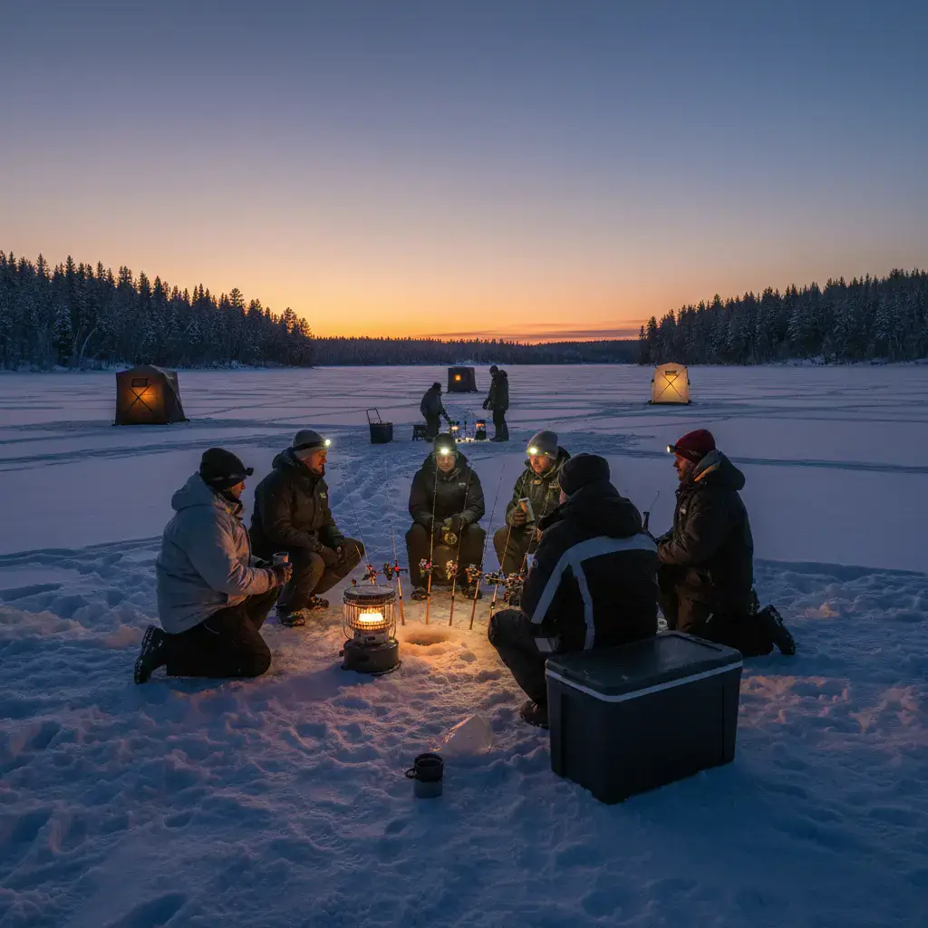 Group of people gathering around an ice fishing setup during dusk