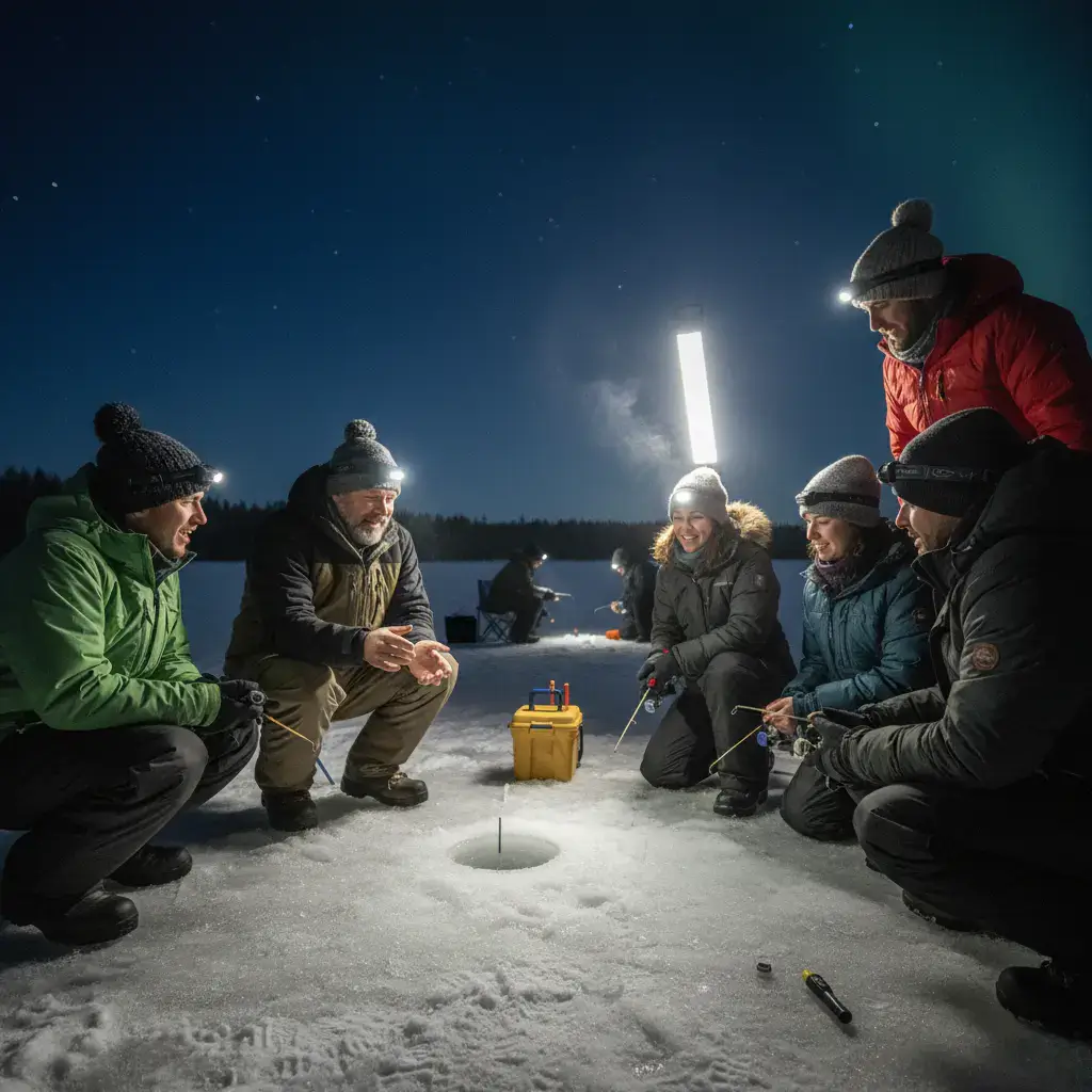 Instructor teaching beginner ice fishing