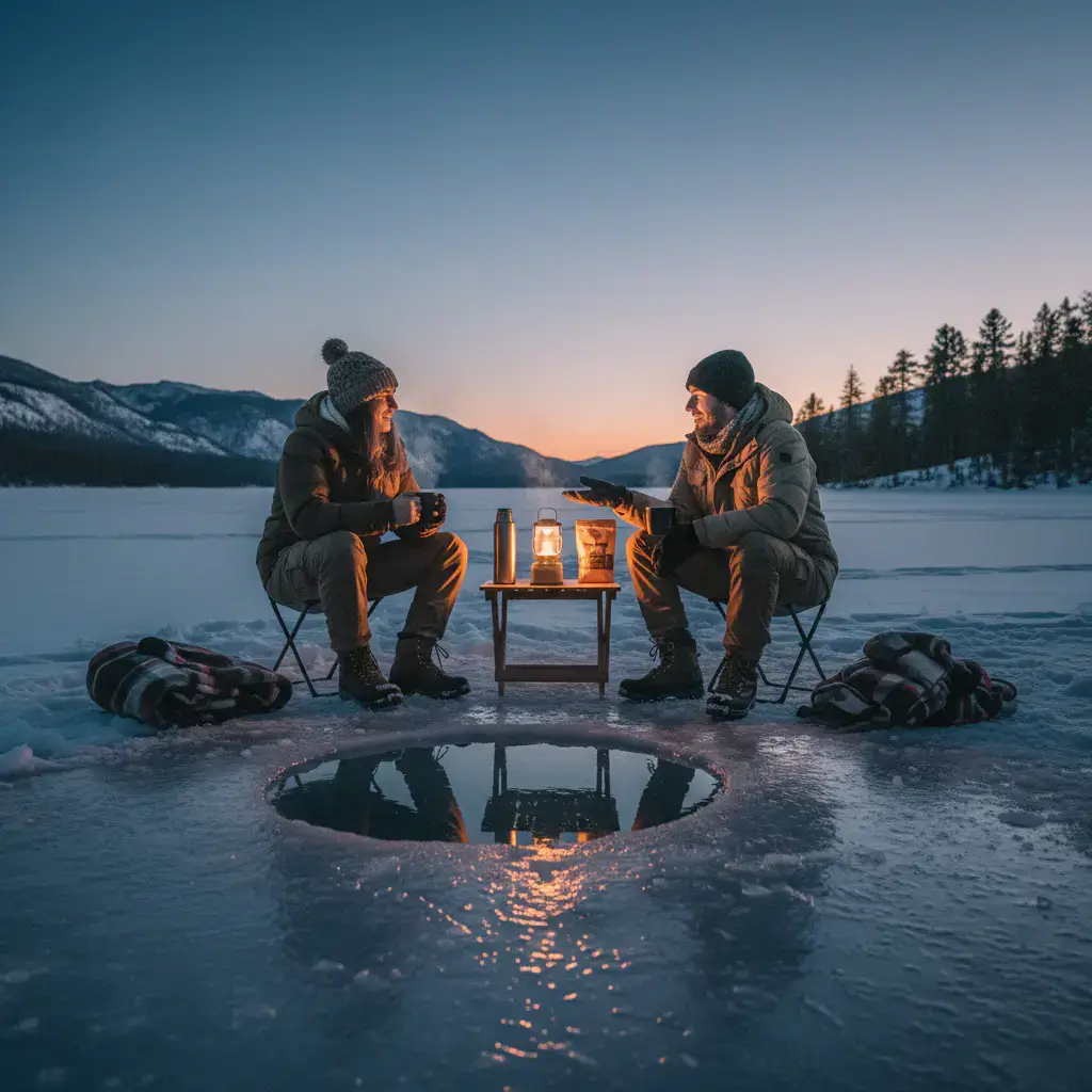 Two friends drinking coffee and talking next to an ice hole