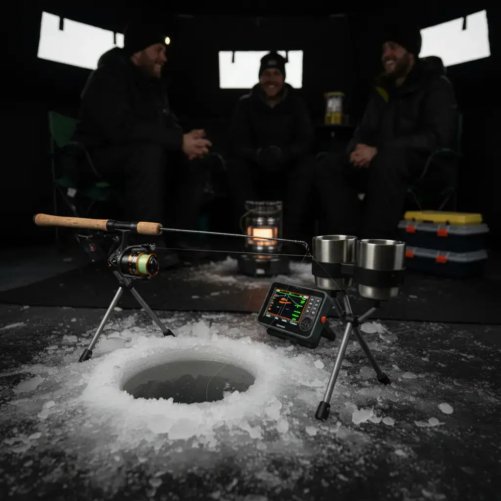 Close up of modern ice fishing gear setup