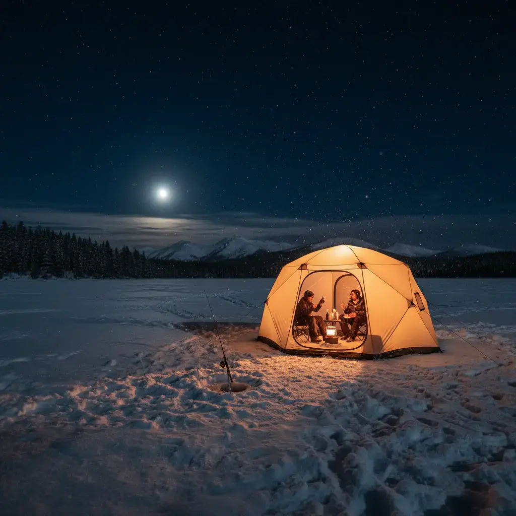 Cinematic wide shot of glowing ice fishing tent on frozen lake at night