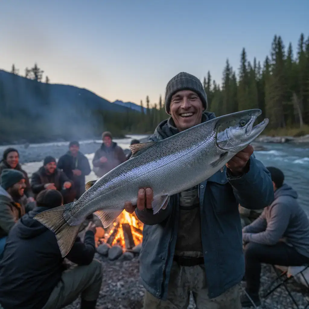 Happy person holding up a freshly caught fish